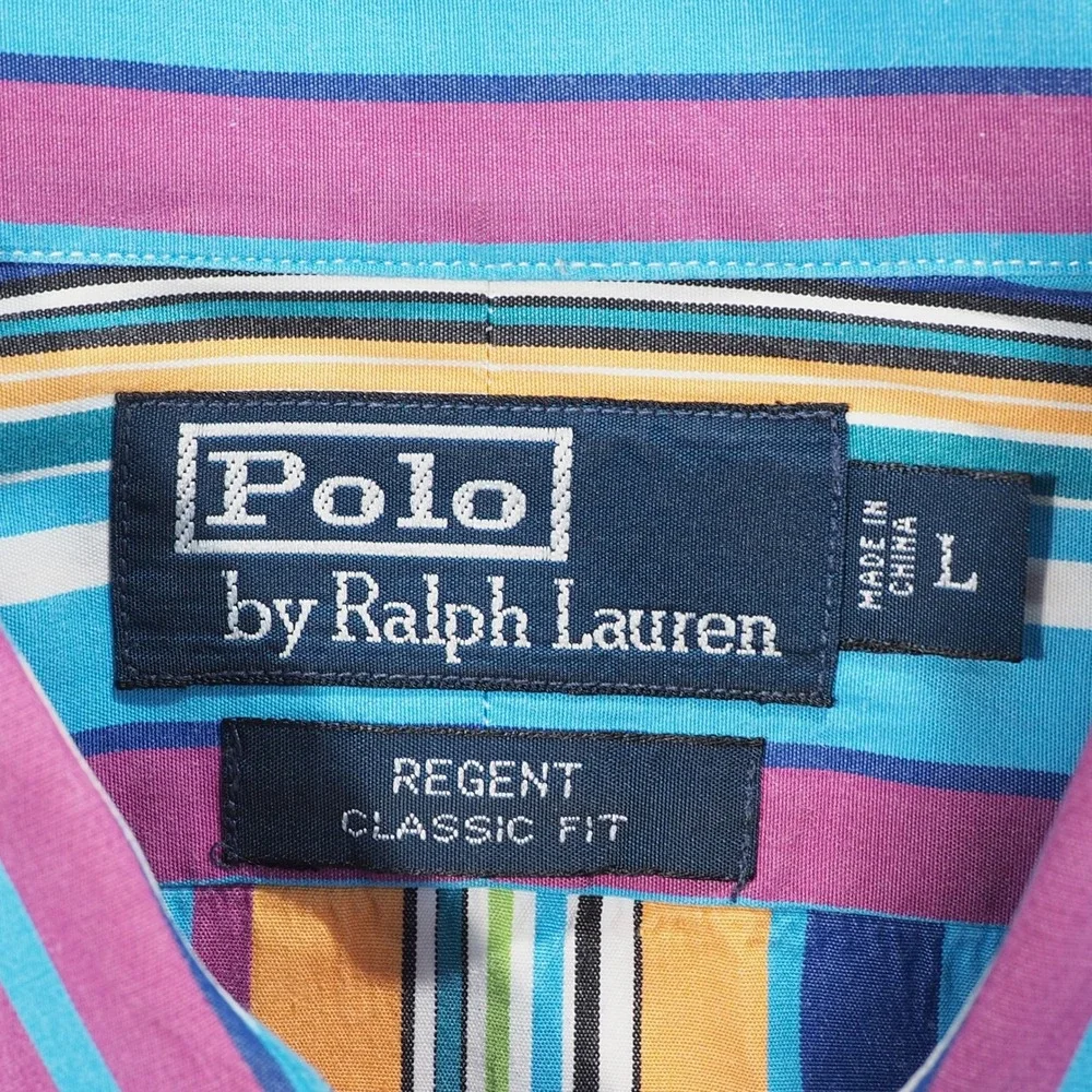 Polo Ralph Lauren Men Large Regent Blue Stripe Long Sleeve Vintage 90s Button Up